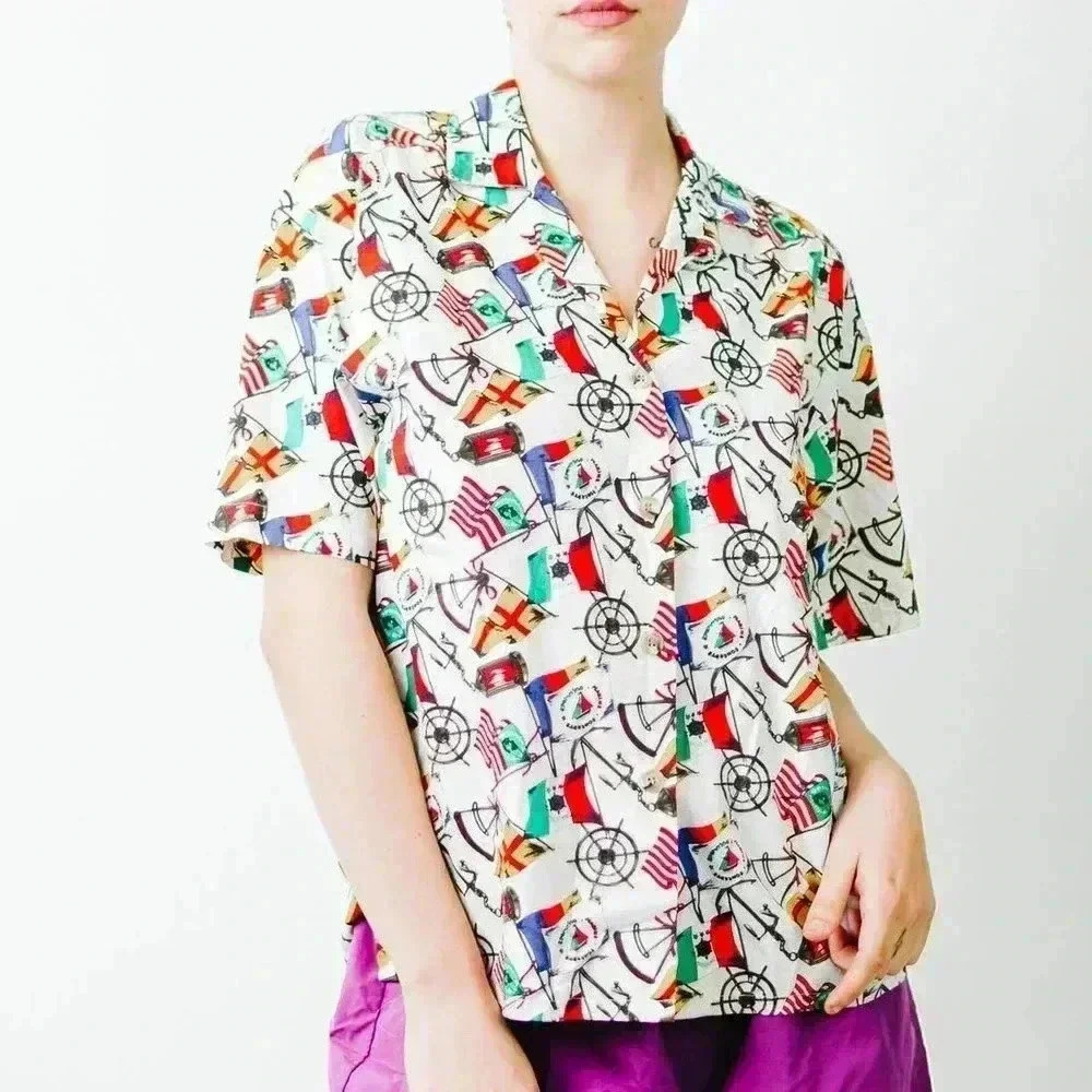 Vintage 90s Jos. A. Bank Sportswear Nautical Flag Button Up Shirt